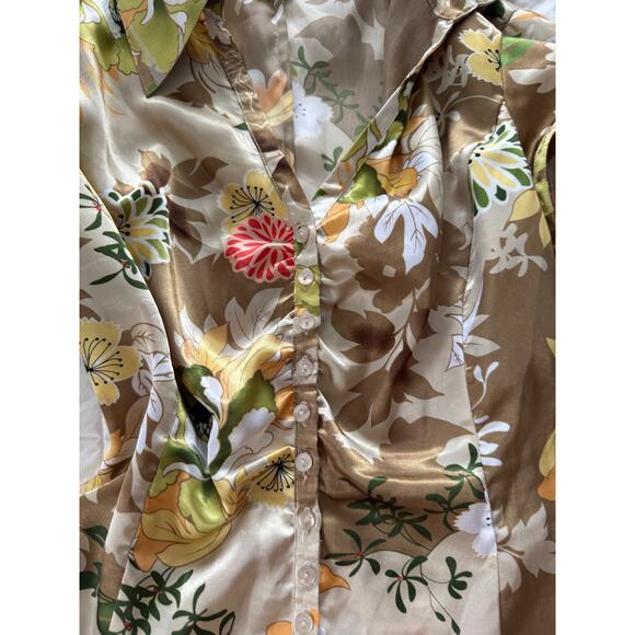 Allison Taylor Vintage Y2K Delicate Timeless Brown Green Floral Satin Blouse - Picture 2 of 4